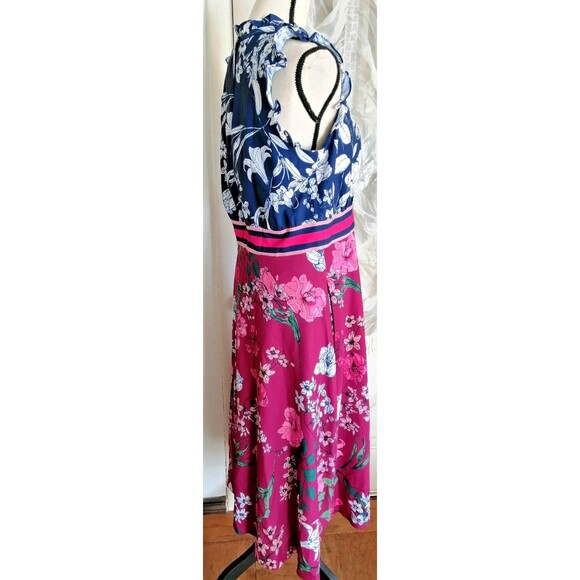 VINCE CAMUTO Navy Coral Floral Midi Dress Lined Size 12 NWT Striped Waist $148 - Picture 3 of 3